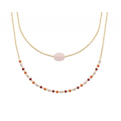 Collier femme, plaqué or, perles de Miyuki & Quartz Rose - Luny - Lyn&Or Bijoux