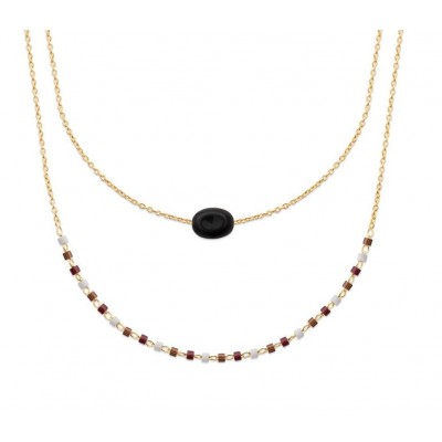 Collier femme, plaqué or, perles de Miyuki & Agate noire - Luny - Lyn&Or Bijoux
