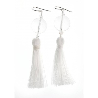 Boucles d'oreilles pendantes femme, argent, pompon blanc & cristal