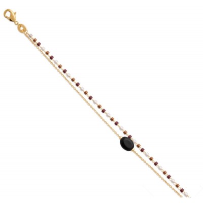 Bracelet femme, plaqué or, perles de Miyuki & Agate noire - Luny - Lyn&Or Bijoux