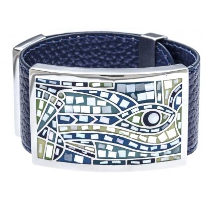 Bracelet manchette femme, cuir bleu 3cm & oeil bleu - Odena - Lyn&Or Bijoux