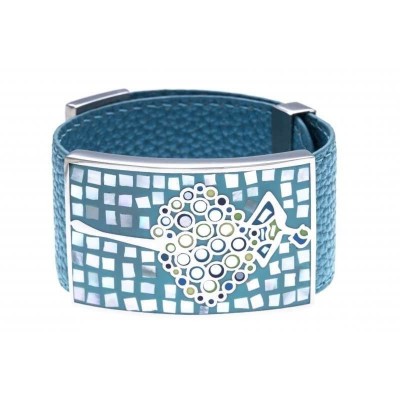 Bracelet manchette femme, cuir bleu 3cm & danseuse - Odena - Lyn&Or Bijoux