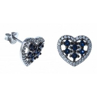 Boucles d'oreille femme, coeur en argent, zircon blanc & bleu - Océan - Lyn&Or Bijoux