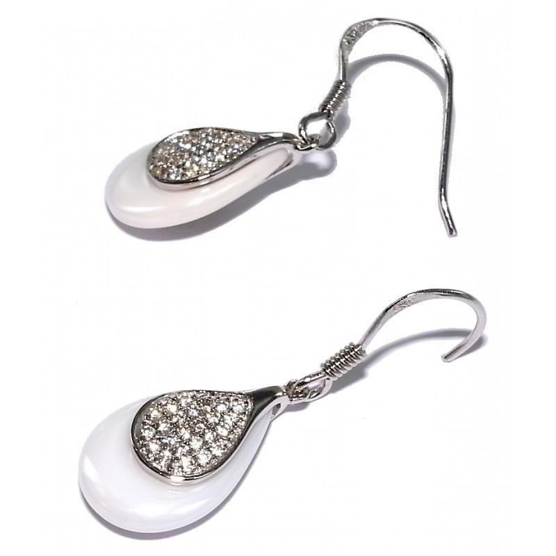 boucle d'oreille fantaisie, argent, céramique blanche, Sima boucle d'oreille fantaisie, argent, céramique blanche, Sima