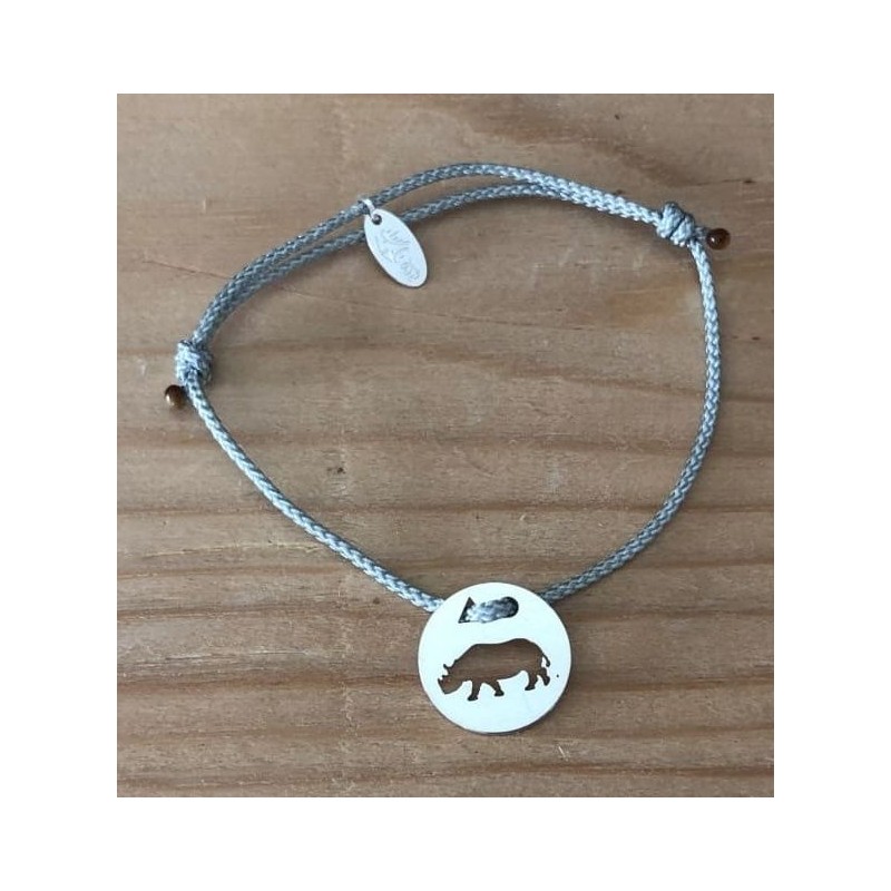 Bracelet femme argent, Token's Hippopotame, Cordon couleur au choix
