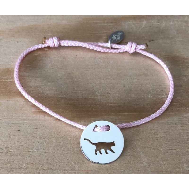Bracelet femme argent, Token's Chat debout, Cordon couleur au choix