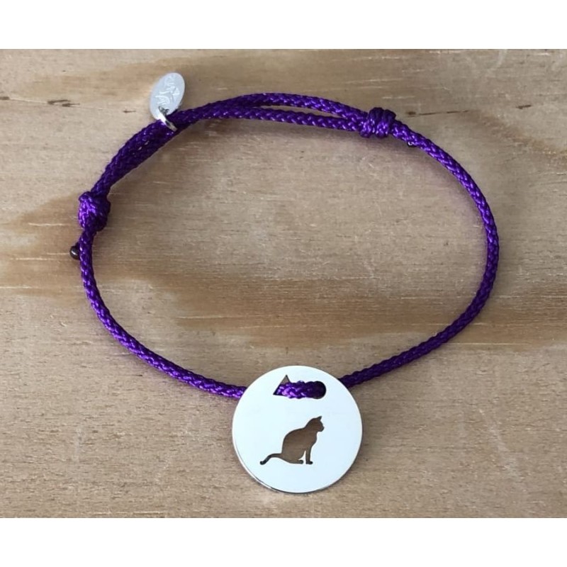 Bracelet femme argent, Token's Chat Assis, Cordon couleur au choix