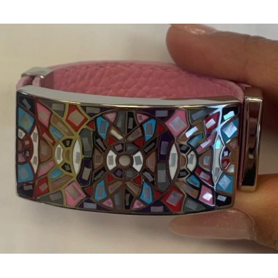 Bracelet CUIR ROSE pour femme, motif modulable acier - Odena