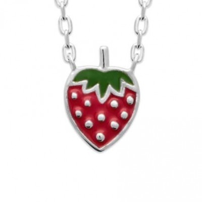 Bijou fraise rouge pour enfant en argent et émail - pendentif et collier
