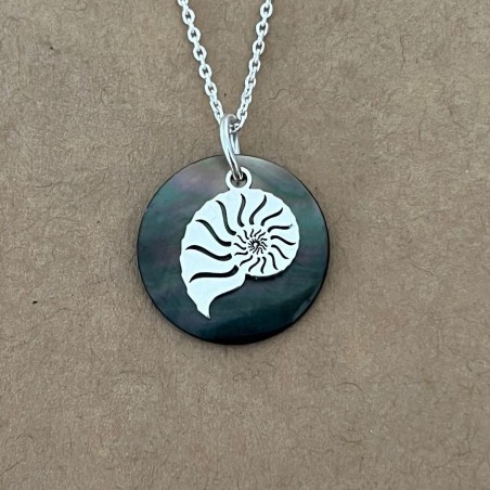 Collier créateur femme, Nacre noire et Argent 925 - Ammonite