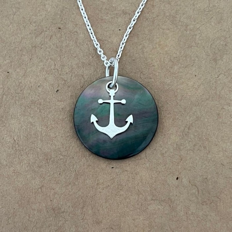 Collier créateur femme, Nacre noire et Argent 925, ancre marine