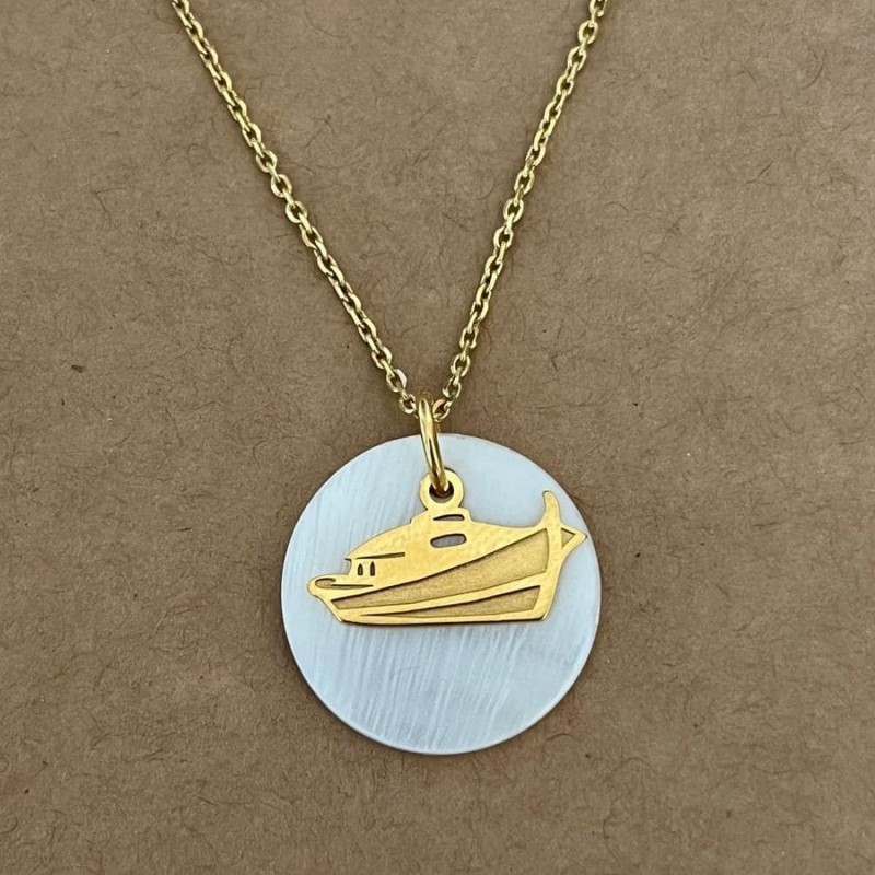 Collier créateur femme, Nacre blanche et plaqué or - Bateau pinasse