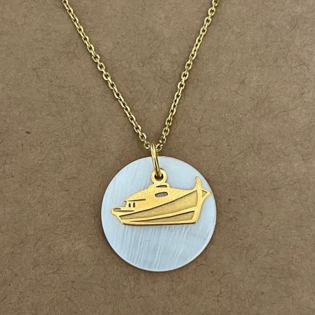Collier créateur femme, Nacre blanche et plaqué or - Bateau pinasse