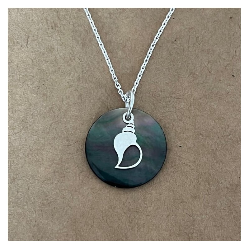 Collier nacre abalone grise et argent 925 pour femme, pendentif Coquillage