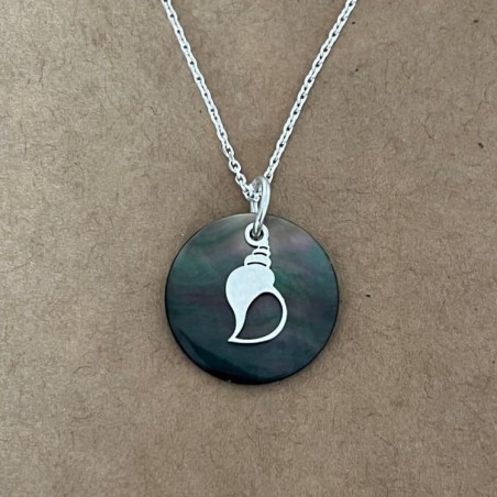 Collier nacre abalone grise et argent 925 pour femme, pendentif Coquillage