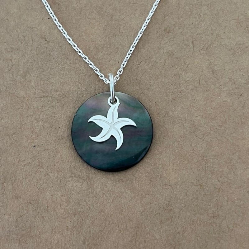 Collier nacre abalone grise et argent 925 pour femme, étoile de mer