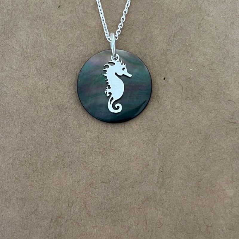 Collier nacre abalone grise et argent 925 pour femme, pendentif HIPPOCAMPE
