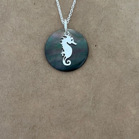 Collier nacre abalone grise et argent 925 pour femme, pendentif HIPPOCAMPE