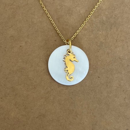 Collier nacre et plaqué or pour femme, pendentif HIPPOCAMPE