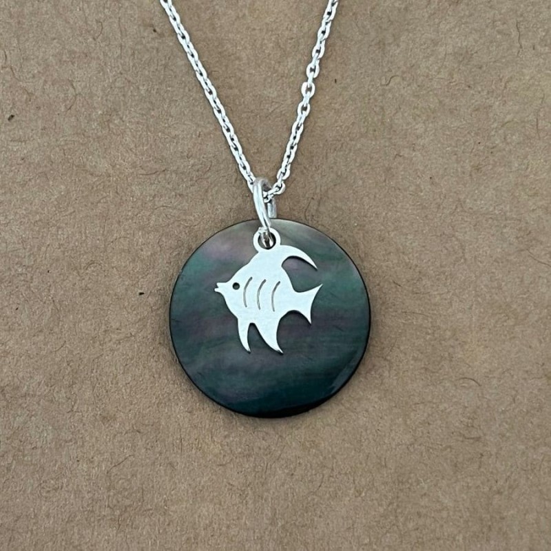 Collier nacre abalone grise et argent 925 pour femme, pendentif poisson