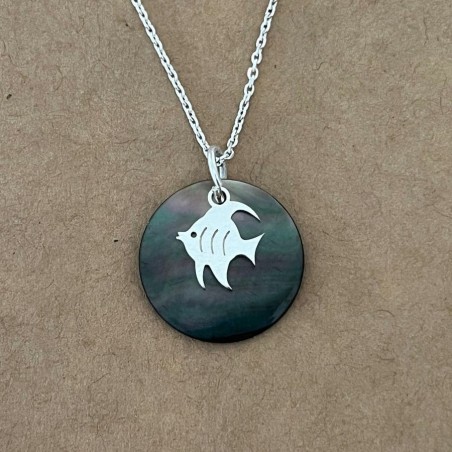 Collier nacre abalone grise et argent 925 pour femme, pendentif poisson