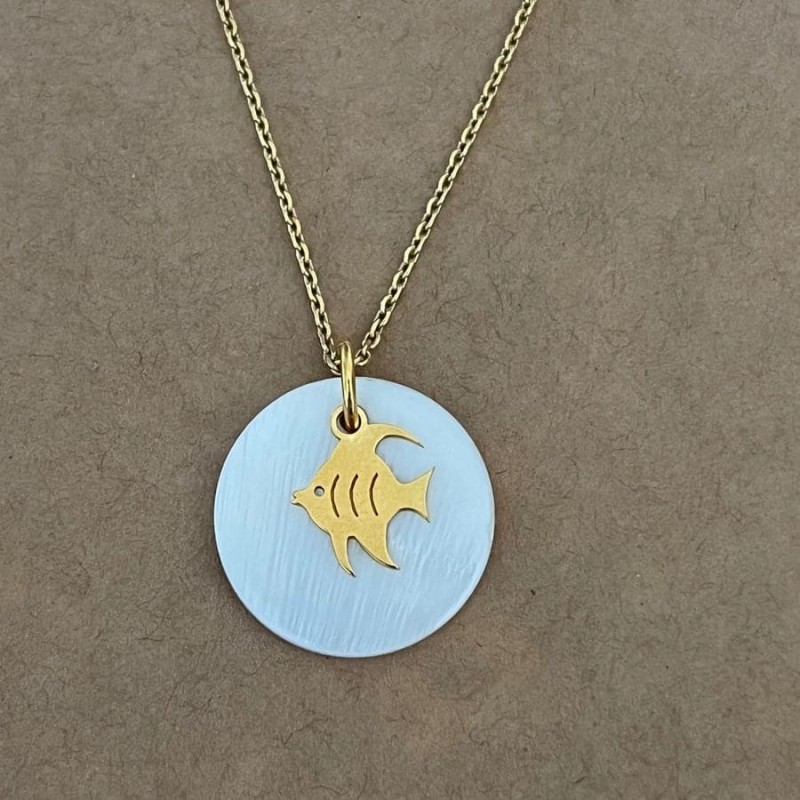 Collier nacre et plaqué or pour femme, pendentif poisson