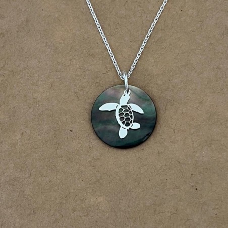 Collier pour femme en nacre grise et argent 925, pendentif tortue