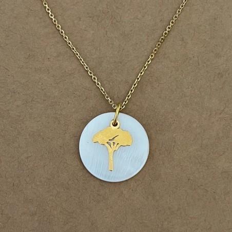 Collier plaqué or et Nacre blanche pour femme, Pin Parasol