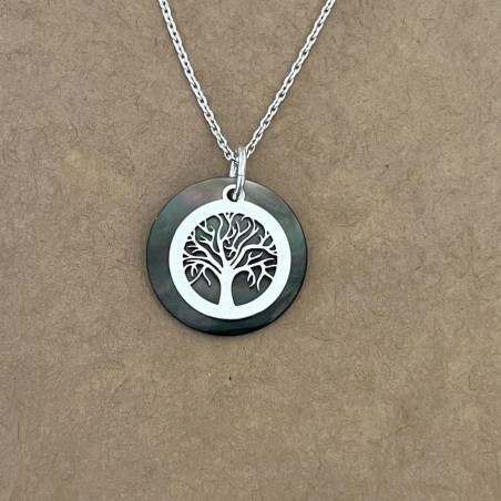 Collier Arbre de vie femme, pendentif en Nacre grise et argent