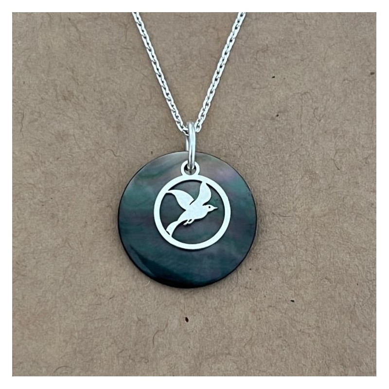 Collier et pendentif nacre grise et argent pour femme, Oiseau