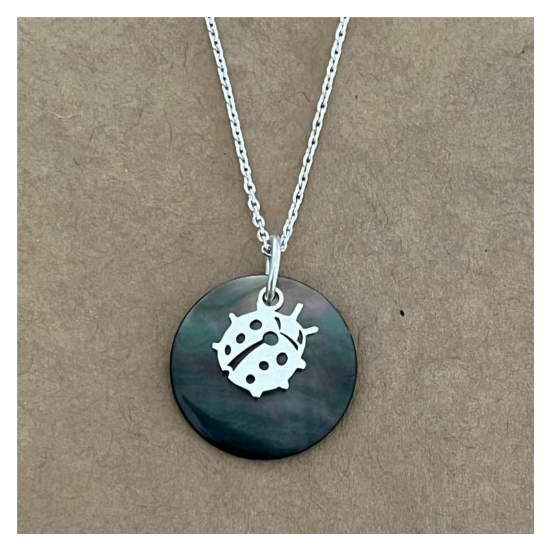 Collier nacre abalone et argent 925 pour femme, pendentif Coccinelle