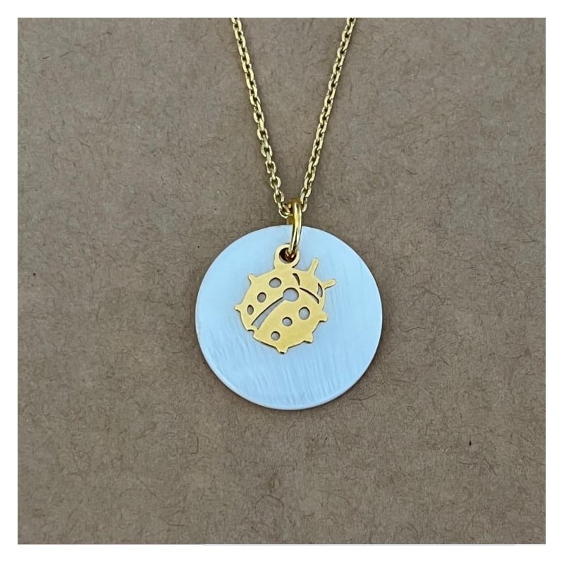 Collier nacre et plaqué or pour femme, pendentif Coccinelle
