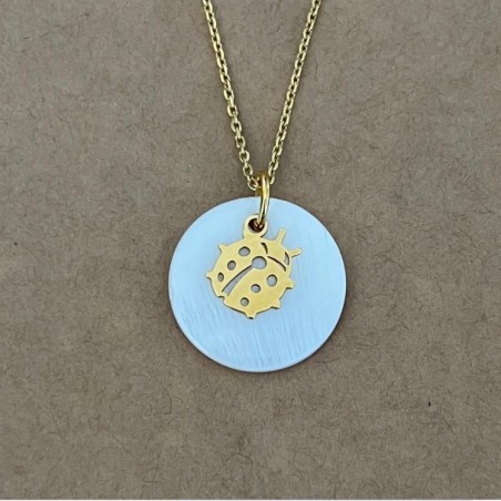 Collier nacre et plaqué or pour femme, pendentif Coccinelle