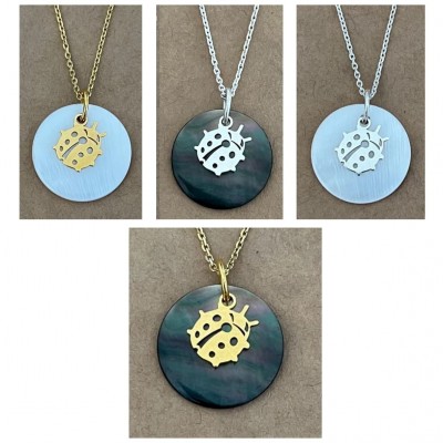 Collier nacre femme, pendentif Coccinelle