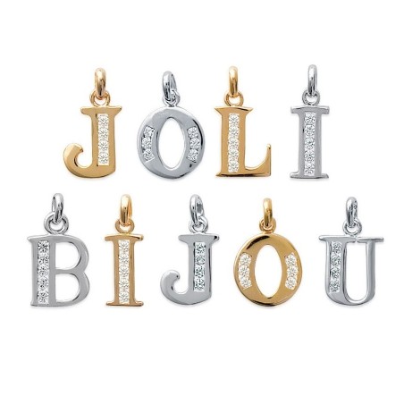 Pendentif lettre initiale du prénom, plaqué or / argent et zircon