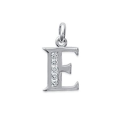 Pendentif lettre E initiale du prénom, argent 925 et zircon