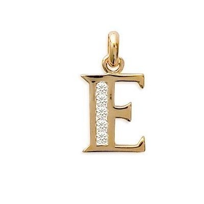 Pendentif lettre E initiale du prénom, palqué or et zircon