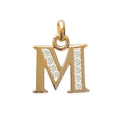 Pendentif lettre M initiale du prénom, palqué or et zircon