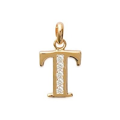 Pendentif lettre T initiale du prénom, palqué or et zircon
