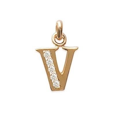 Pendentif lettre V initiale du prénom, palqué or et zircon