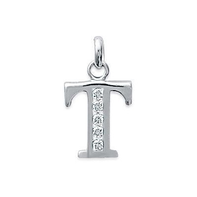 Pendentif lettre T initiale du prénom, argent 925 et zircon