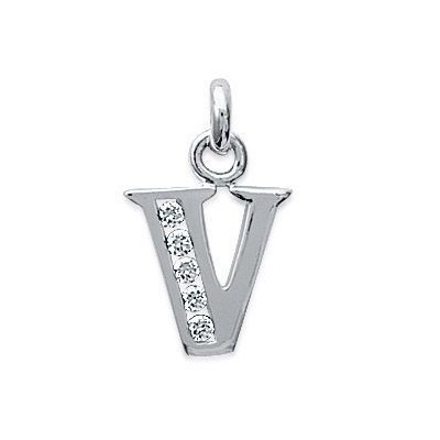 Pendentif lettre V initiale du prénom, argent 925 et zircon