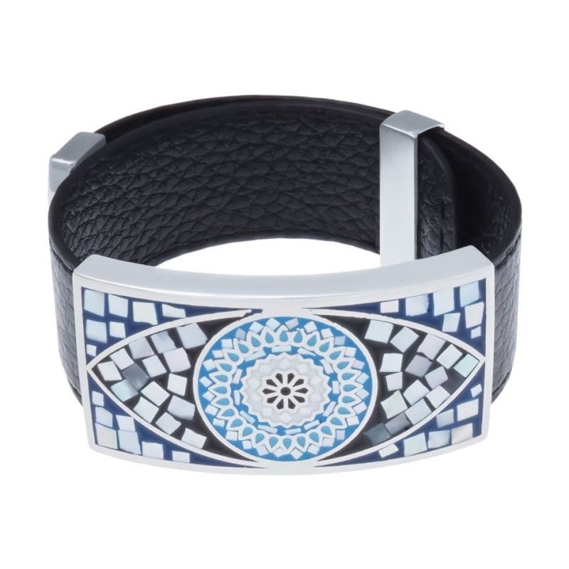 Bracelet femme, Cuir noir et motif acier Oeil Bleu - Odena