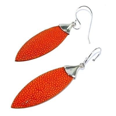 Boucles d'oreille Galuchat Orange pour femme - Plume - Lyn&Or Bijoux