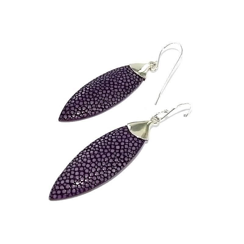 boucle d'oreille Galuchat Violet pour femme, Plume boucle d'oreille Galuchat Violet pour femme, Plume