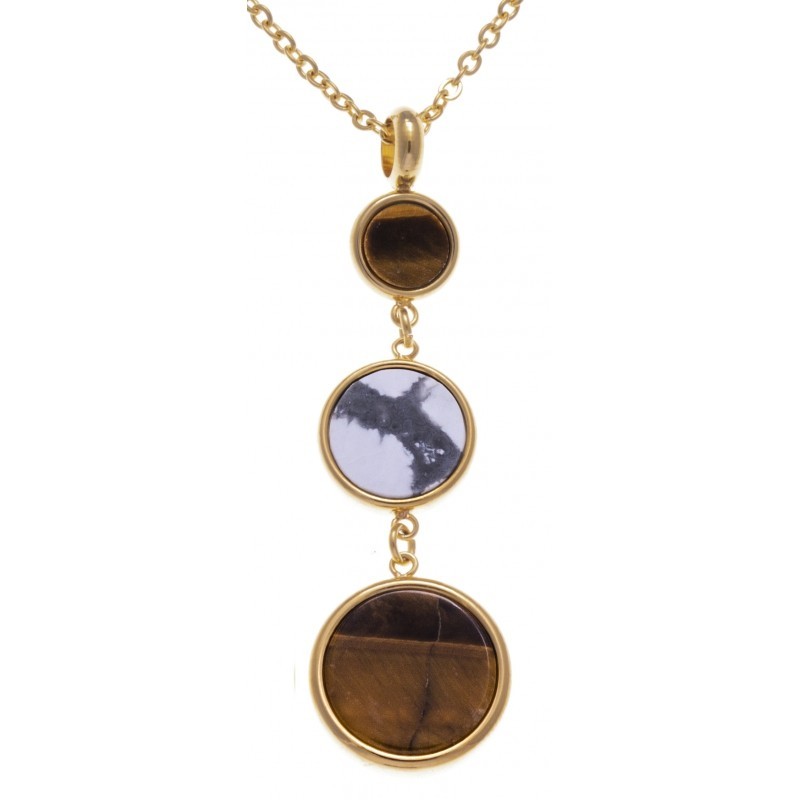 Collier femme en acier doré + pendentif Howlite blanche & oeil de tigre