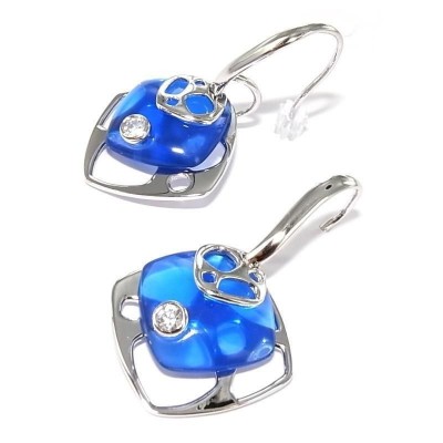 Boucles d'oreilles femme, Argent, zircon et carré bleu - Chica