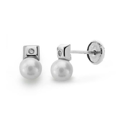 Boucles d'oreilles fille en or blanc, diamant et perles naturelles - modèle carré