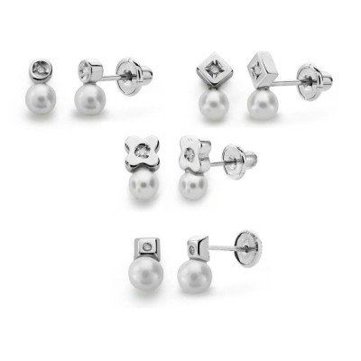 Boucles d'oreilles fille en or blanc, diamant et perles naturelles - 4 modèles au choix