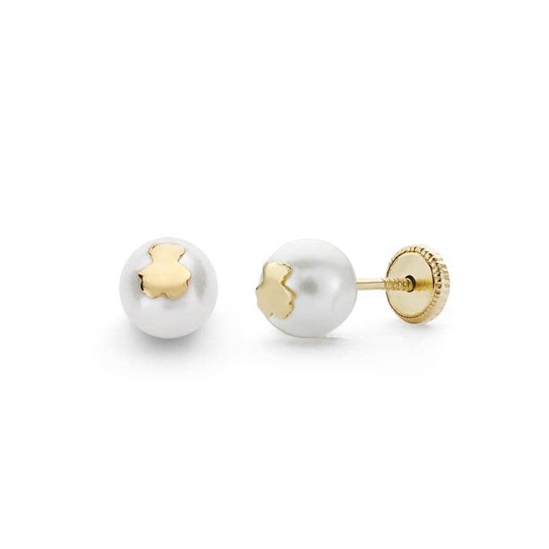 Boucles d'oreilles bébé originales, or et perle, fermoir vis - Ourson